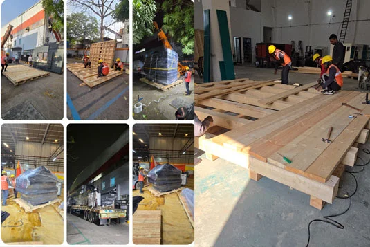 industrial packaging workers assembling heavy-duty wooden crates
