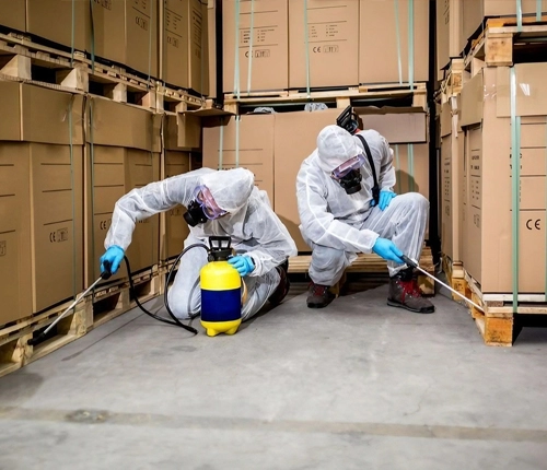 technicians are applying pest control treatments to wooden pallets